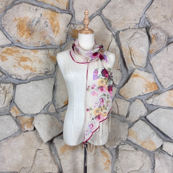 Ralph Lauren Purple Label Accessories - NWT Ralph Lauren Collection Silk Chiffon Fringe Scarf Ivory & Cherise Rose | 66”